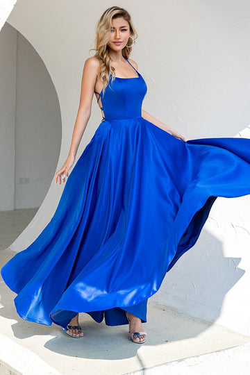 Robe de bal en satin sans dos bleu royal